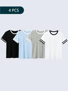 Women's 4-Pack Striped Trim Crew Neck Athletic T-Shirts, Casual Short Sleeve Workout Tees, Breathable Loose Fit Sports Tops for Gym & Daily Wear