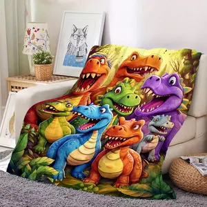 PAUSEBOLL Cartoon Dinosaur Flannel Throw Blanket, Cute Smiling Dinosaurs HD Digital Print, Contemporary Animal Theme All-Season Cozy Thermo-Regulating Cover, The perfect gift