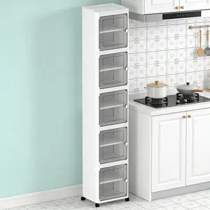 Expanded Bathroom Storage Cabinet, 3-Tier Tall Cabinet Organizer with Wheels, Foldable Plastic Storage Bin for Kitchen, Laundry Room or Home, White