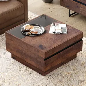 Modern Coffee Table, Square Living Room Coffee Table with Tempered Glass Top and Two Large Storage Drawers, 31.5"x 31.5", BrownNordic retro style living room table