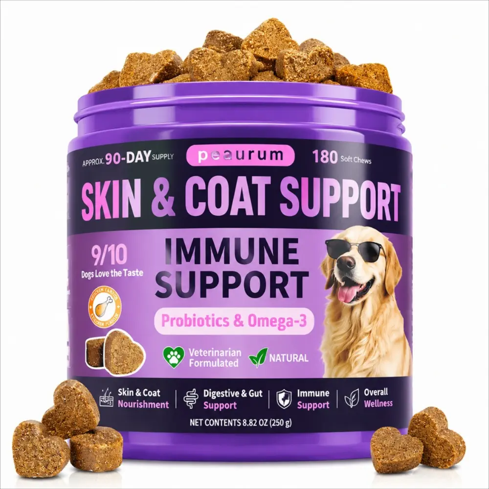 peaurum Dog Skin & Coat Support Soft Chews, 180 Count Value Pack, Probiotic & Omega-3 Daily Supplement for Dogs