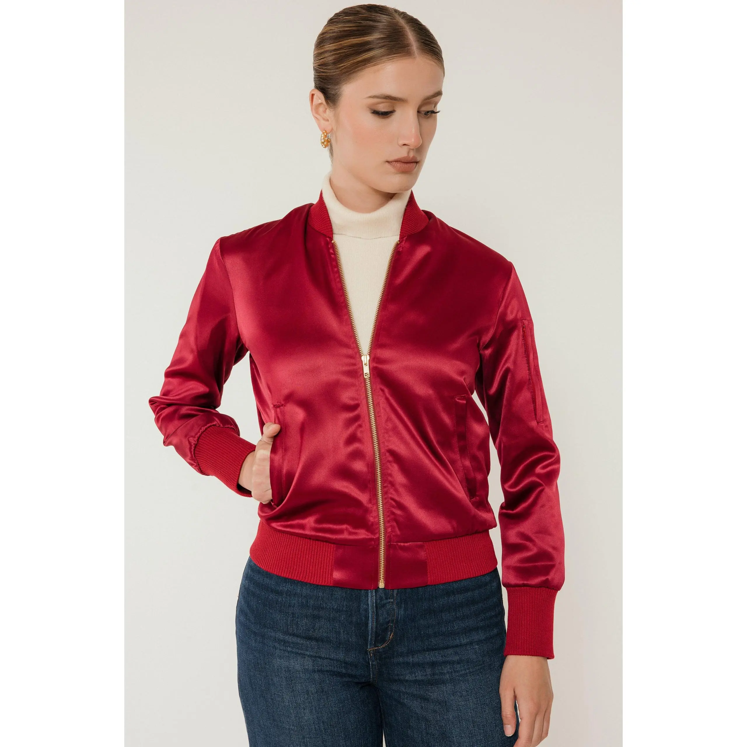The Amelia Bomber Jacket in Mulberry Satin