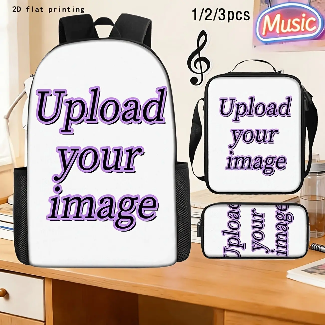 Custom Photo Backpack 1/2/3 Piece Set, Personalized Picture & Name Bookbag with Lunch Box Pencil Bag
