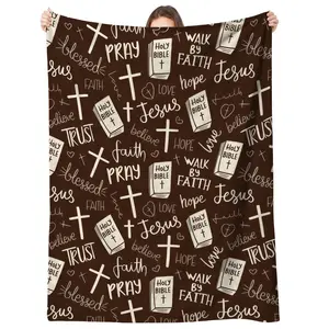 Christian Bible Cross Faith Words Themed Religious Fleece Throw Blanket, Soft Warm Religious Decor Blanket for Sofa, Bed, Church & Christian Gift 0601Y10