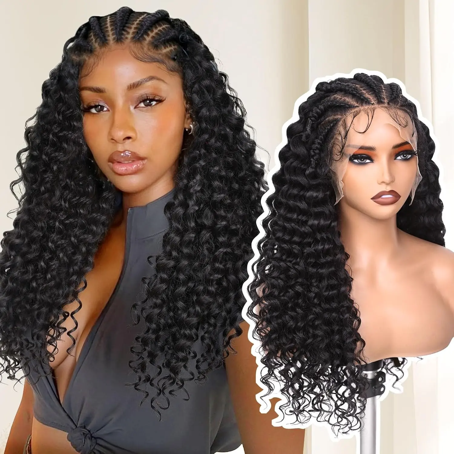 13x6 Lace Front Braided Wigs for Black Women Cornrow Braided Wig with Curly Ends Pre Braids Lace Front Wig Pre Plucked Curly Wigs for Black Women(Natural Black, 22 Inch)
