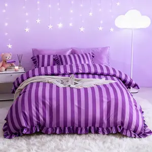 Simple Ruffled Striped Bedding Set, Soft Skin-Friendly, All-Season Use, Bed Sheet Set, 3-Piece Bed Ducet Cover Set, Comfortable Bedroom Accessories