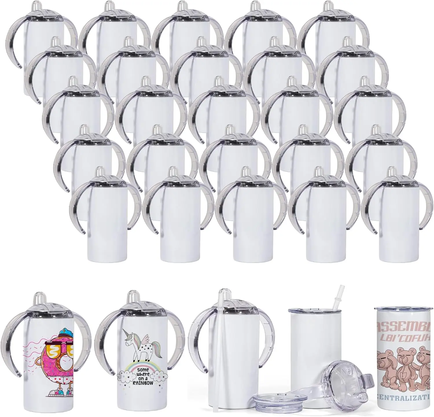 AGH US 30pcs 12Oz Sublimation Sippy Cup with 2 Lids and Straw Sublimation Sippy Tumblers Stainless Steel Sublimation Todder Water Bottle