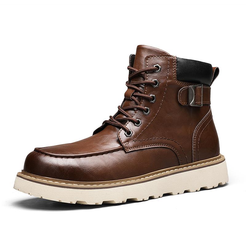 Men's Brown Classic Work Boots - Leather Upper with Belt Buckle Brown Lace-Up Ankle-High Design Non-Slip Rubber Sole for Hiking & Daily Casual Steel Toe Footwear Boy Memory Foam-Like Comfort Cushioning Adjustable Straps for Comfort Fit Durable Waterproof