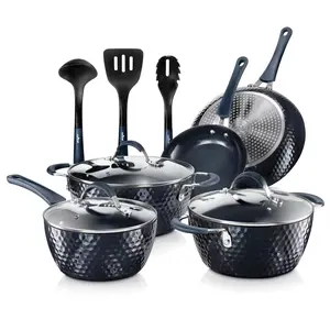 11 Piece Nonstick Diamond Pattern Kitchen Cookware Set, Dark Blue