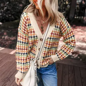 Multicolour Dotty Pattern Knit Button Front V Neck Sweater Cardigan
