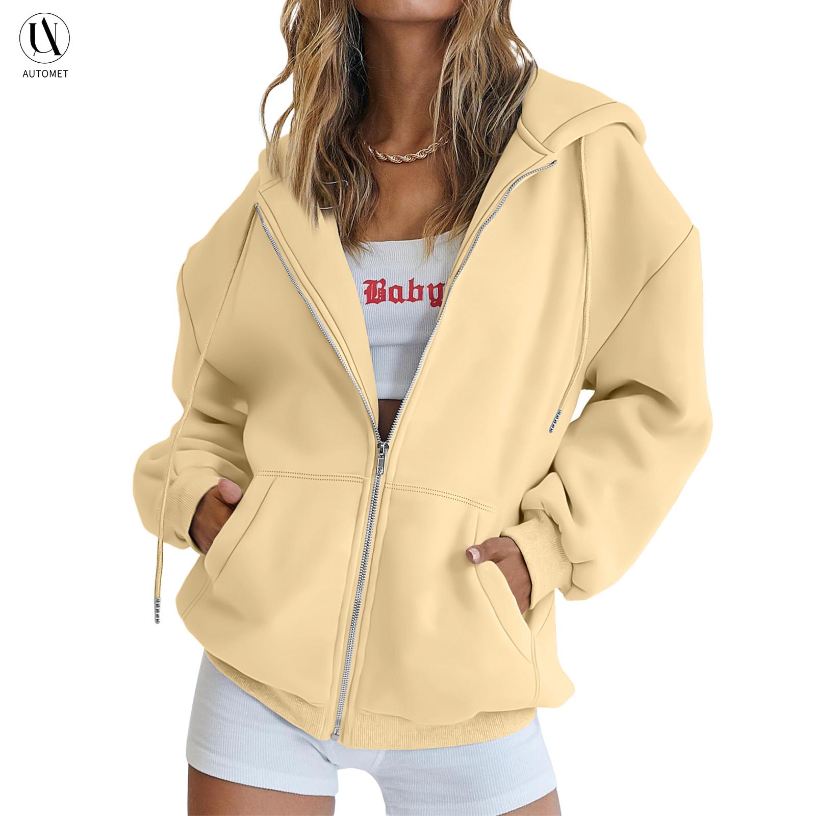 AUTOMET Women's Casual Oversized Zip-Up Hoodie - Long Sleeve, Loose Fit Basic Top Sweatshirt Jacket with Kangaroo Pouch, Multi-Sport Clothes for 2025 Fall-Winter, Women's Clothes, Casual Zip Up Hoodies