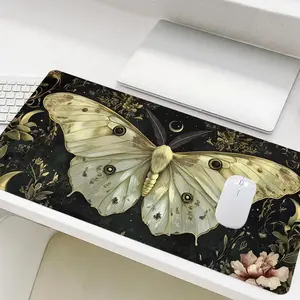 Large Gothic White Lunar Moth Gaming Mouse Pad, Botanical Green Witch Mouse Pad, Non-slip Rubber Base Stitched Edge Desk Pad for Laptop Desktop