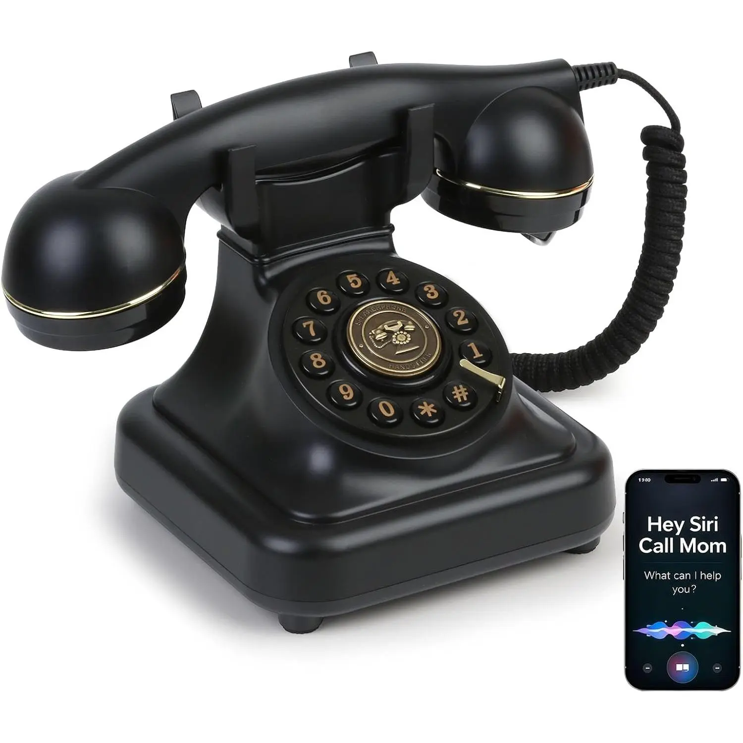 Bluetooth Retro Landline Phone with Voice Assistant, Compatible with Android & iOS, Wireless Physical Home Telephone with Speakerphone & Volume Control, Black