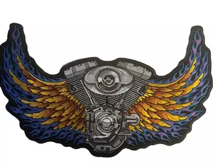V-Twin with Wings and Purple Flames Large Back Patch for Bikers 10x8 Inch
