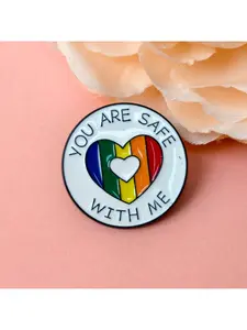Fashion jewelry pin "YOU ARE SAFE WITH ME" Round Brooch Lapel Pins English letter rainbow heart for LGBTQ+ Community or Allies.