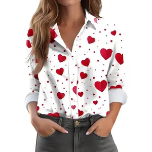 Valentines Tops for Women Button Down Shirts Heart Blouses Dressy Casual Lapel Collar Long Sleeve Soft Comfy T Shirt