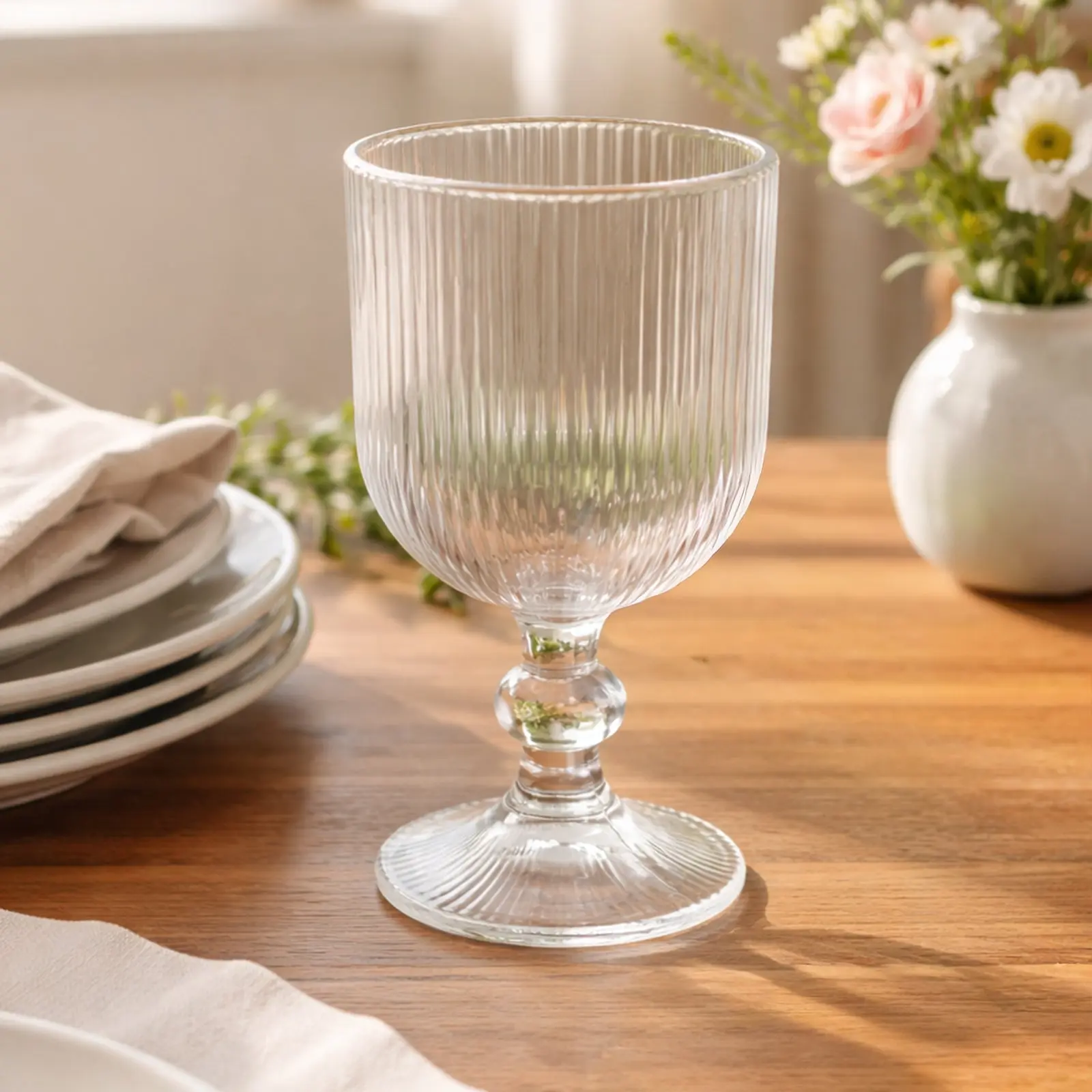 6 Pack Vintage Ribbed Wine Glasses – 13oz Clear Glass Goblets with Ball Stem Accent