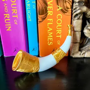 Horn of the Fae Trove Bookshelf Decor - Ancient Bone Horn with Golden Bands - 3D Printed Bookish Decor