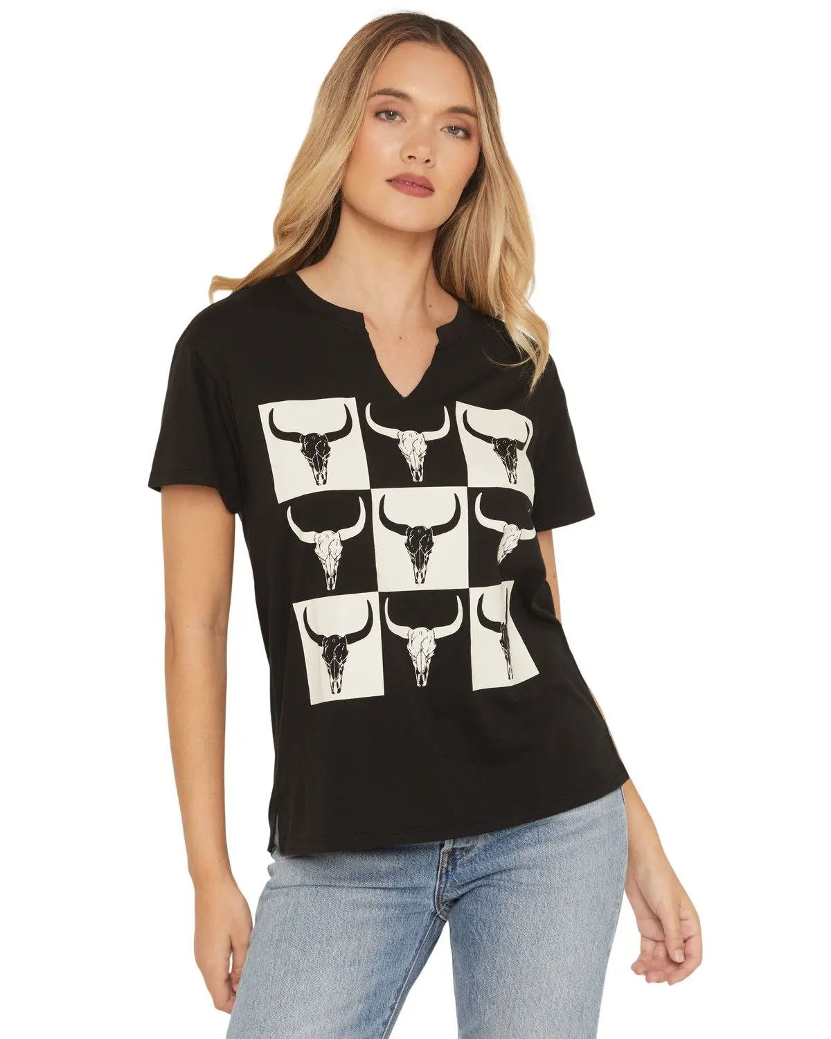 Blended Women's Women'S Steer Head Checkerboard Short Sleeve Graphic Tee - Dnl70s4-048Ebb
