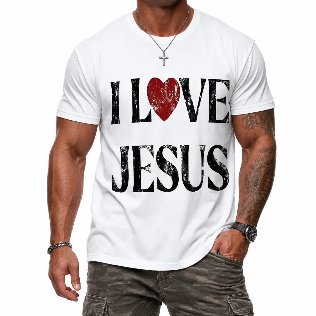 Mens Faith Christian Graphic T Shirt I Love Jesus Distressed Red Heart Front Print Short Sleeve Crew Neck Religious Casual Daily Tops