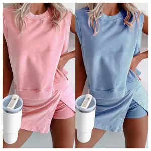 VVZ Summer Sets Women 2 Piece Outfits Shorts Tank Top and Casual Skort Lined Split Athletic Skirt Set Travel Outfit