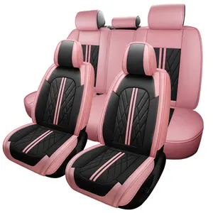 Black Pink Nappa Leather Car Seat Covers Full Set Interior Protector High-Quality with Neck Pillows Waterproof Easy to Install Girly Car Accessories
