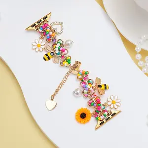 Women's Beaded Bracelet Strap with Sunflower, Daisy, Bee Charms, Compatible with Apple Watch Series 1-11, Ultra 1-3, Se, Perfect Gift