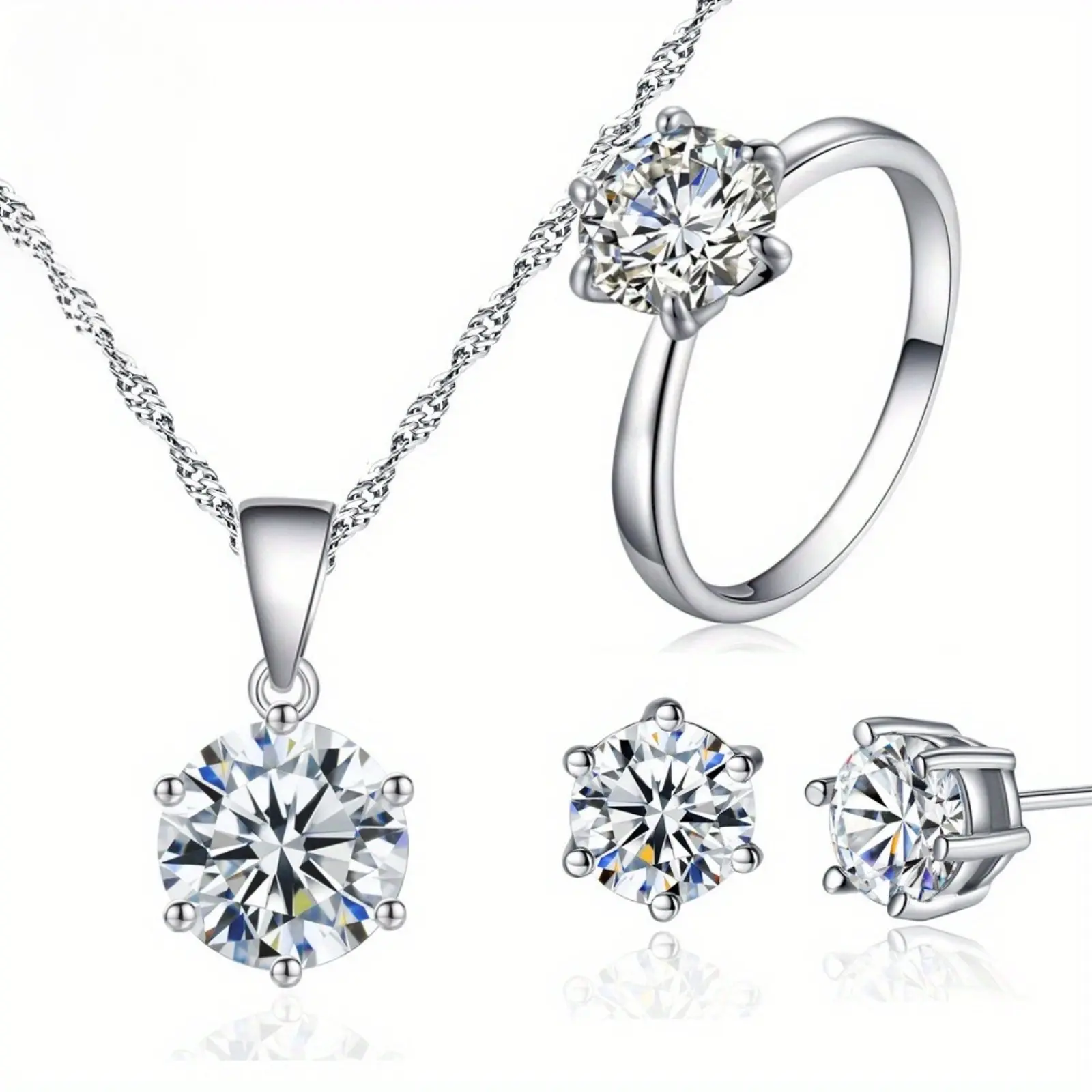 EJG Women's Elegant 3-Piece Jewelry Set in 925 Silver with Sparkling Prong-Set Cubic Zirconia, Hypoallergenic Accessory for Date Night (Necklace, Earrings, Ring), Jewelry Sets