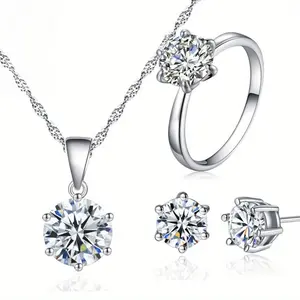 EJG Women's Jewelry Set 925 Silver Prong Set Cubic Zirconia Affordable Elegant Sparkling for Everyday Date Night Gift 3 Piece Necklace Earrings Ring Set to two o