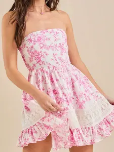 Women's Floral Tube Top Dress Casual Summer Strapless Mini Dresses Lace Patchwork Cute Ruffled Flowy Short Sundress