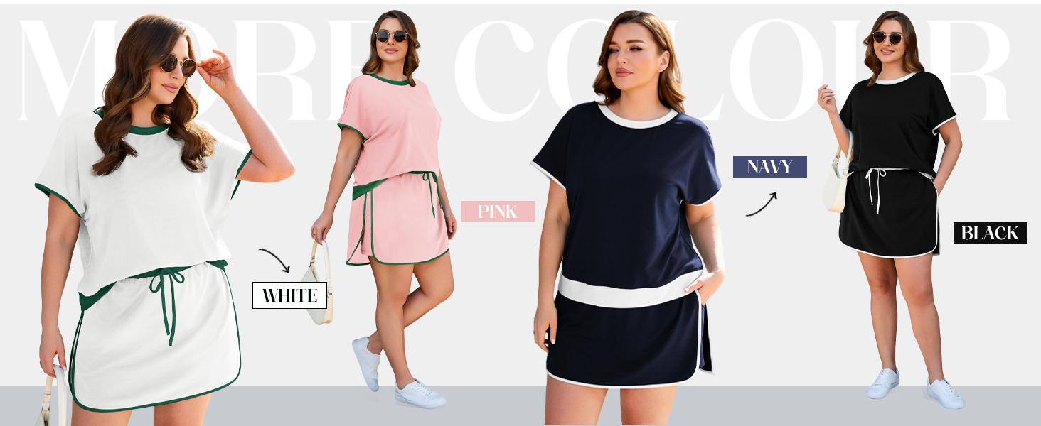 TANKANEO Womens Plus Size 2 Piece Shorts Set Summer Short Sleeve Color Block Shirts and Skort Casual Matching Sets