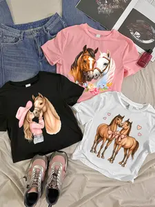 【3-Pack】Girls' Summer Refreshing Horse 3-Pack T-Shirts: Horse Interaction Print Short-Sleeve, Ultra-Soft Breathable Fabric, Sweet-Edgy Girl Style, Full Fresh Vibe with Equestrian Patterns, Comfortable & Versatile