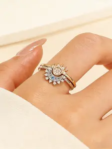 Moon Couple Ring Set, Two Tone Ring, & Silver Color Rhinestone Design, Adjustable Blue Zircon Open Ring, Holiday Gift Jewelry