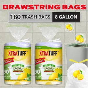 2 Bags Of 180 Pieces 8 Gallon Lemon Aroma Expandable Drawstring Plastic MultipurposeDisposable Garbage Bags-Super Strong, Leak-Resistant, Odor-Proof For Bedroom, Kitchen,Living Room, Outdoor, And Toilet Use - Convenient And Sanitary Waste Solution