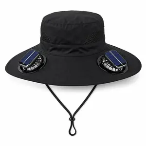 Solar Fan Bucket Hat for Men and Women, Wide Brim Outdoor Sun Hat with Dual Fans, Breathable Mesh, Adjustable Chin Cord for Fishing, Gardening, Hiking and Camping