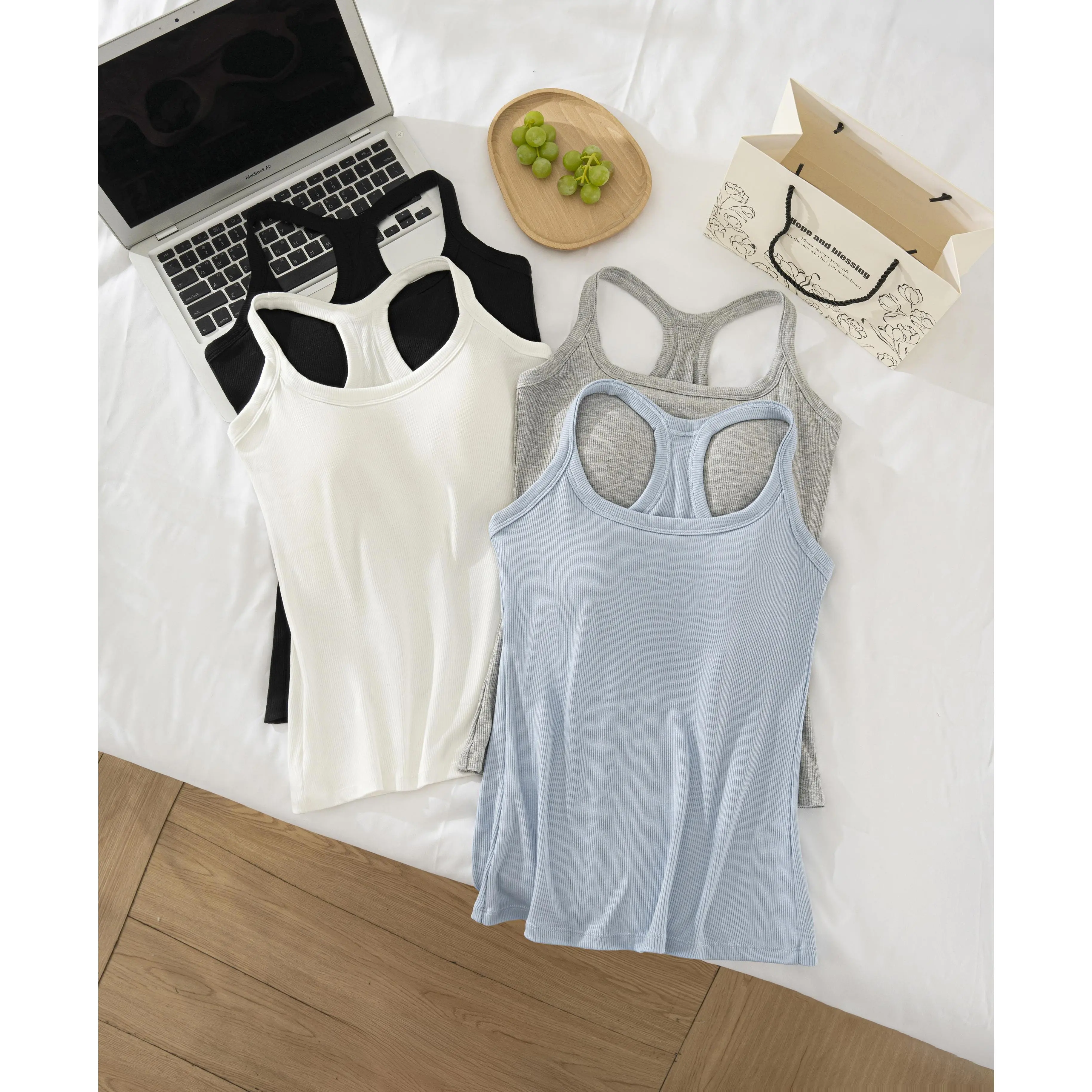 EssElegance Built-in Bra Tank Top for Women | Ribbed Racerback Cropped Camisole with Removable Pads | Wireless Supportive Workout Yoga Top | Stretchy Athletic Basics Sleeveless Tee | Going Out Everyday Summer Essential Bra Cami Multi-Color high elasticity