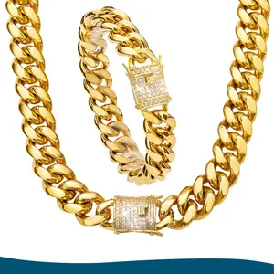 14mm Wide 18K Gold Plated Stainless Steel Hip-hop Cuban Link Chain Mens Necklace Or Bracelet with Full CZ Buckle Length 7.5-40inch Optional