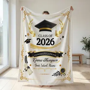 I graduated！Custom Class of 2026 Graduation Blanket, White Gold Laurel Throw Blanket, "Emma Thompson" Personalized Grad Gift