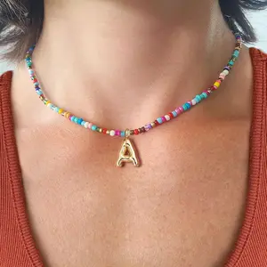 Colorful Initial Necklaces for Women – Bubble Letter A-Z Necklace Handmade Beaded Necklace Dainty Initial Necklaces for Girls Kids - Teen Girls Gifts Trendy Jewelry