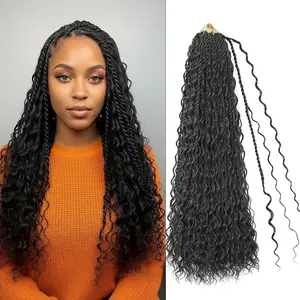 Boho lsland Twist Crochet Hair 24 Inch 8 Packs Natural Black Pre-Looped Senegalese Twist Crochet Braids with Curly Ends Synthetic Goddess Twist Crochet Hair for Black Women（1B 24 INCH）