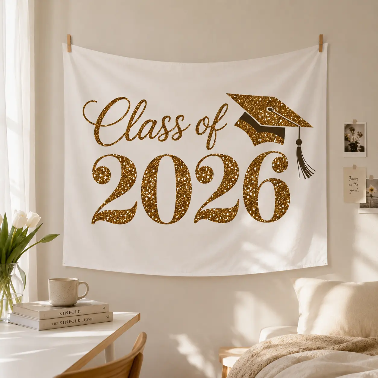 1 PC Hanging Cloth Banner - Gender-Neutral Festive Party Background Decoration with Gold Glitter Cap & Tassel Design, Class of 2026 Graduation Wall Hanging Backdrop for Grad Party Decor, All-Season Photography Use