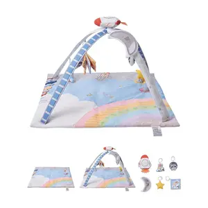 Baby Play Gym Tummy Time Mat with 6 Sensory Toys, Light-up Musical Rocket Toy, Essential Developmental Gift for 0-18 Month Newborns (Sensory Motor Skill Support)
