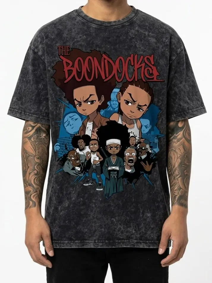 The Boondocks Mineral Wash T Shirt, Riley & Huey Freeman Full Graphic Tee, Vintage Washed Oversized Streetwear Shirt, Anime Meme Tee, Viral TikTok Gift