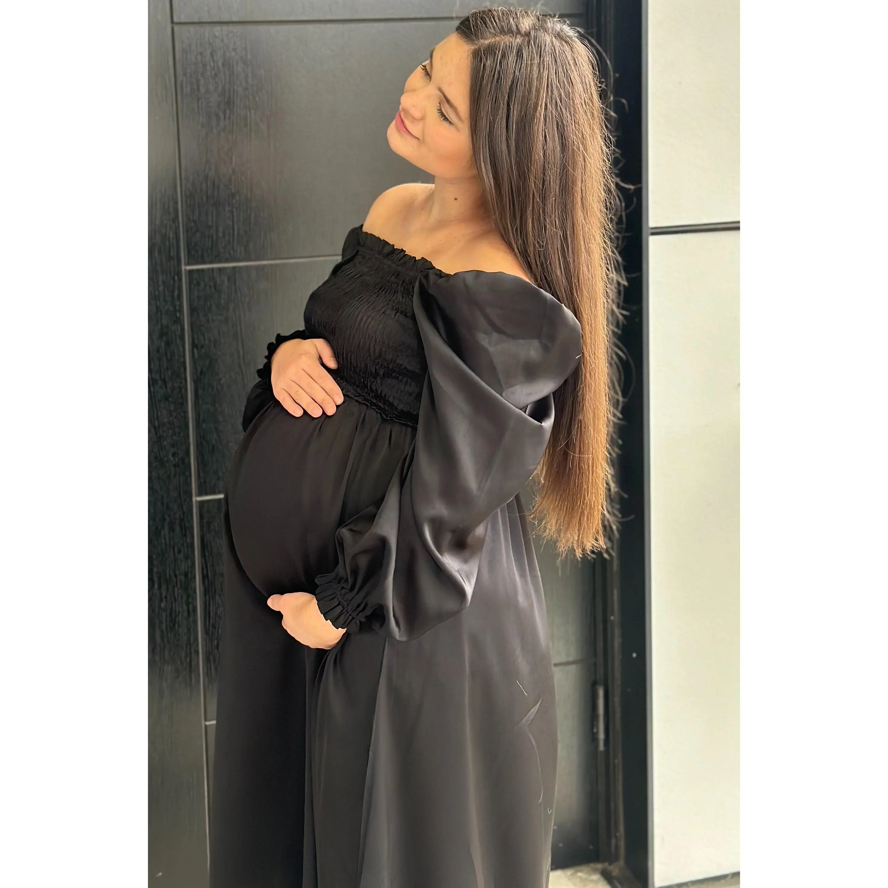 Black Smocked Square Neck Satin Maternity Midi Dress - TikTok Shop