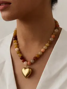 Boho Style Natural Stone Necklace, Handmade Beaded Chain, Heart Pendant, Women's Daily Jewelry, Fashion Accessory, Fashionable Accessory