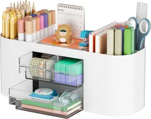 Desk Organizer Pen Holder for Desk with 3 Drawers, Multi-Functional Pencil Holder, Desk Organizers and Accessories with 7 Compartments for Home, School, Classroom(White)