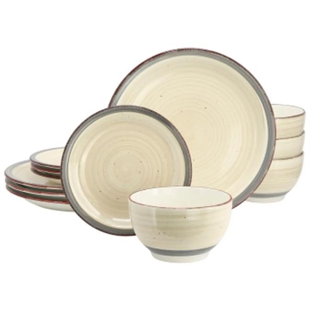 212 MAIN Holcomb Ceramic Dinnerware Service Set - Beige 12-Piece Rustic Tableware with Speckled Rim, Ideal for Family Meals, Entertaining Guests (Includes Dinner Plates, Salad Plates, Bowls)