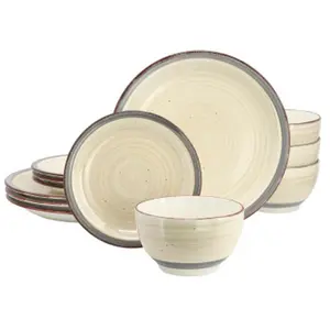 212 MAIN Holcomb Ceramic Dinnerware Service Set, Beige 12-Piece Rustic Tableware with Speckled Rim – Dinner Plates, Salad Plates, Bowls