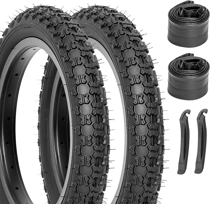Kids' Multi-Size Folding Bike Tire Set, 12/14/16/20x2.125 in Butyl Rubber All-Terrain Knobby Tread Bike Accessory, 12 Months Functional Kit with 2 Schrader Valve Tubes & Levers, Fits Most Kids, for Daily Commuting