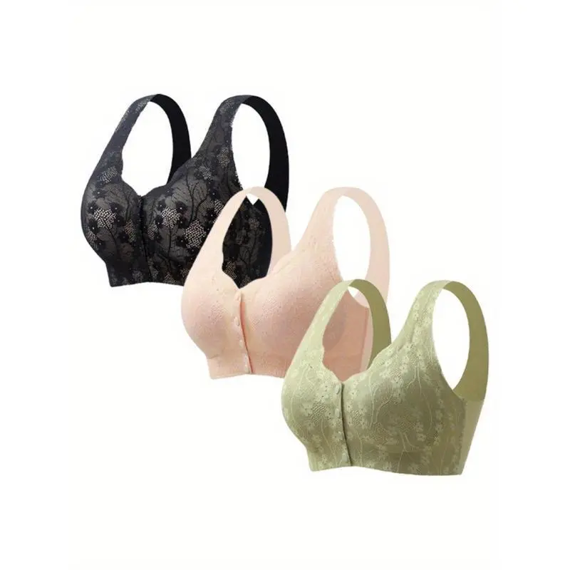 3-Pack Women's Sports Bras with Front Closure, Seamless Sheer Lace Wireless Support for Post-Surgery and Seniors, Female, Button, Activities, Elderly, Mesh Lace, Breathable